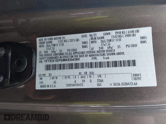 2021 Ford F-150 XL with VIN 1FTEX1EP6MKE04380, listed as a IAAI auction lot 41821270 with 41,353 mi miles and . Bid and sale history available at DreamBid. Image 9.