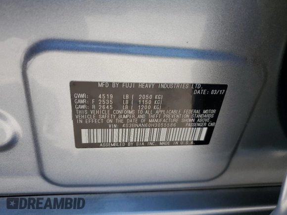 2017 Subaru Legacy Limited with VIN 4S3BNAN60H3055586, listed as a Copart auction lot 62237525 with 62,855 mi miles and Salvage title. Bid and sale history available at DreamBid. Image 12.