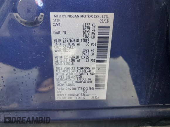 2017 Nissan Rogue SL with VIN 5N1AT2MV5HC730196, listed as a Copart auction lot 58900045 with 88,887 mi miles and Salvage title. Bid and sale history available at DreamBid. Image 12.