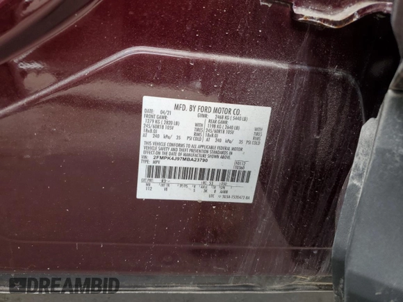 2021 Ford Edge SEL with VIN 2FMPK4J97MBA23790, listed as a Copart auction lot 51665305 with 71,637 mi miles and Salvage Title. Bid and sale history available at carsss.com. Image 13.