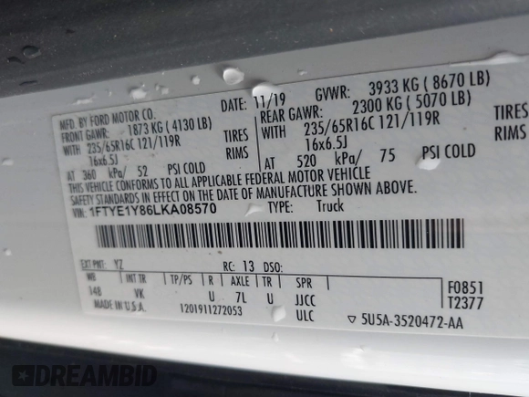 2020 Ford Transit Cargo with VIN 1FTYE1Y86LKA08570, listed as a IAAI auction lot 41571478 with 21,405 mi miles and . Bid and sale history available at DreamBid. Image 9.