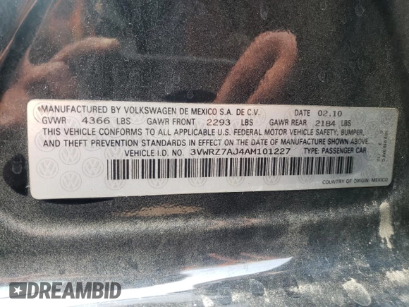 2010 Volkswagen Jetta Limited Edition z VIN 3VWRZ7AJ4AM101227, wystawiony jako Copart lot #59266635 z przebiegiem 157 721 mil mil oraz Szkoda całkowita • Salvage title. Historia ofert i sprzedaży dostępna na DreamBid. Obrazek 12.