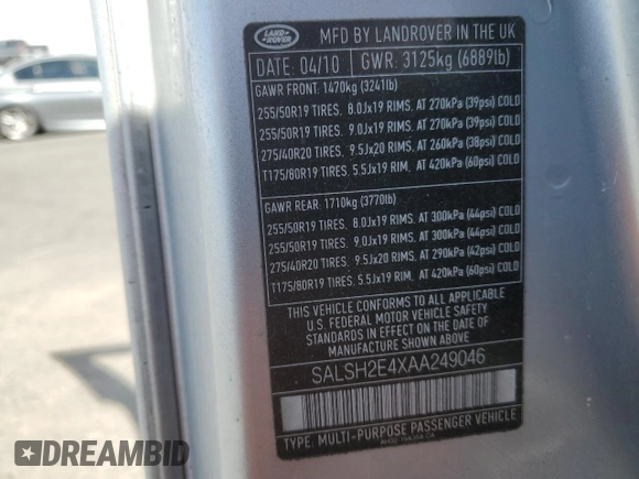 2010 Land Rover Range Rover Sport SC with VIN SALSH2E4XAA249046, listed as a Copart auction lot 54266725 with 119,930 mi miles and Clean Title. Bid and sale history available at carsss.com. Image 13.