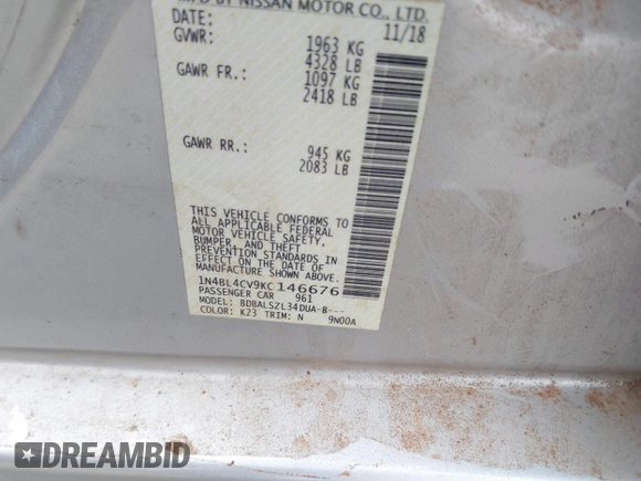 2019 Nissan Altima SR with VIN 1N4BL4CV9KC146676, listed as a IAAI auction lot 41483676 with 99,494 mi miles and . Bid and sale history available at carsss.com. Image 9.