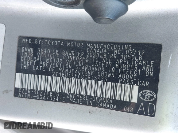 2012 Toyota Corolla L with VIN 2T1BU4EE6CC815435, listed as a IAAI auction lot 41316306 with 122,150 mi miles. Bid and sale history available at carsss.com. Image 9.