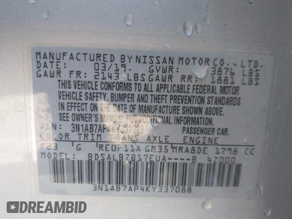2019 Nissan Sentra SV z VIN 3N1AB7AP4KY337088, wystawiony jako IAAI lot #41762716 z przebiegiem 53 776 mil mil oraz . Historia ofert i sprzedaży dostępna na DreamBid. Obrazek 9.