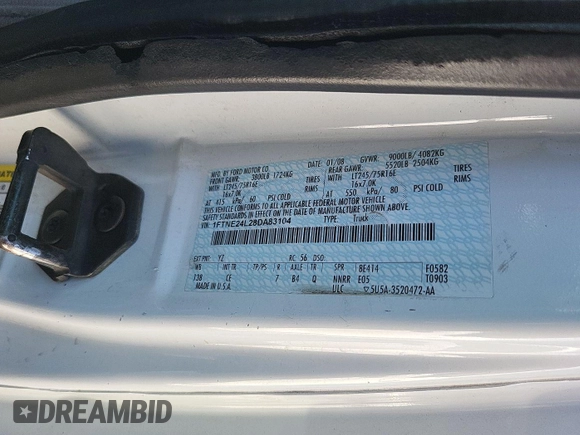 2008 Ford Econoline Cargo Commercial with VIN 1FTNE24L28DA83104, listed as a IAAI auction lot 42786163 with 164,368 mi miles and . Bid and sale history available at DreamBid. Image 18.
