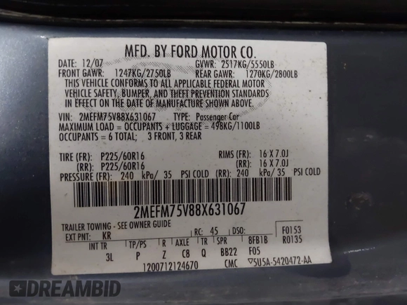 2008 Mercury Grand Marquis LS with VIN 2MEFM75V88X631067, listed as a IAAI auction lot 41290274 with 206,145 mi miles and . Bid and sale history available at DreamBid. Image 9.