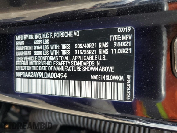 2020 Porsche Cayenne with VIN WP1AA2AY9LDA00494, listed as a Copart auction lot 61024435 with 58,846 mi miles and Salvage title. Bid and sale history available at DreamBid. Image 13.