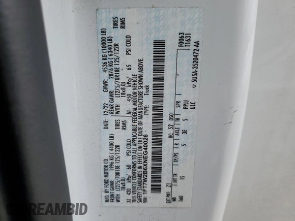 2022 Ford F-250 XL z VIN 1FT7W2B6XNEG40026, wystawiony jako Copart lot #48068985 z przebiegiem 106 797 mil mil oraz Szkoda całkowita • Salvage title. Historia ofert i sprzedaży dostępna na DreamBid. Obrazek 12.