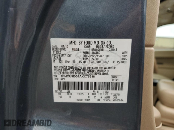 2010 Ford Escape Limited with VIN 1FMCU9EG1AKC75518, listed as a Copart auction lot 61332425 with 90,017 mi miles and Salvage title. Bid and sale history available at DreamBid. Image 14.