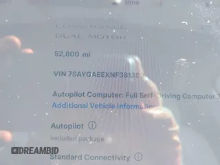 2022 Tesla Model Y Long Range with VIN 7SAYGAEEXNF381389, listed as a IAAI auction lot 41613075 with 52,800 mi miles and . Bid and sale history available at carsss.com. Image 7.