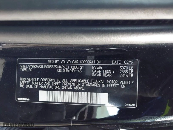 2018 Volvo S90 Momentum with VIN LVY982AK8JP005735, listed as a IAAI auction lot 41703970 with 98,080 mi miles. Bid and sale history available at carsss.com. Image 9.