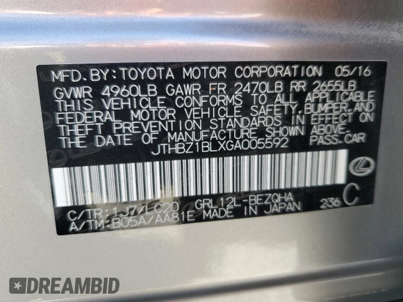 2016 Lexus GS 350 with VIN JTHBZ1BLXGA005592, listed as a Copart auction lot 44207595 with 75,216 mi miles and Salvage Title. Bid and sale history available at carsss.com. Image 12.