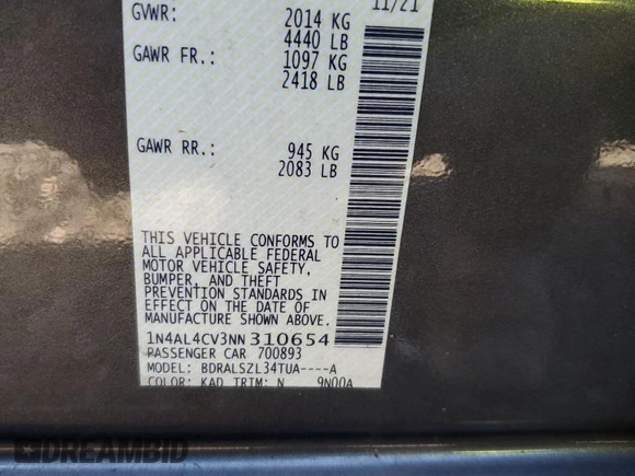 2022 Nissan Altima 2.0 SR with VIN 1N4AL4CV3NN310654, listed as a Copart auction lot 73819304 with 0 mi miles and Salvage Title. Bid and sale history available at carsss.com. Image 13.