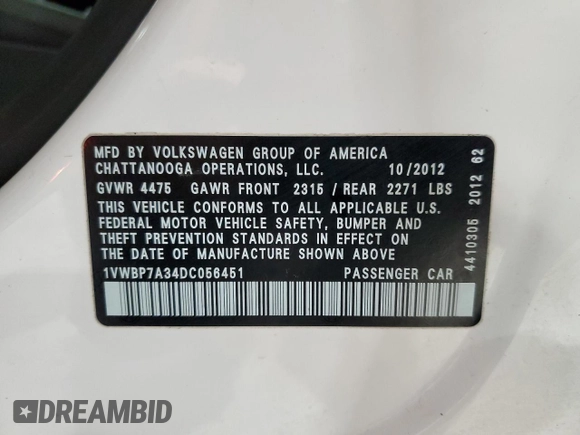 2013 Volkswagen Passat SE w/Sunroof with VIN 1VWBP7A34DC056451, listed as a Copart auction lot 52306265 with 143,112 mi miles and Salvage Title. Bid and sale history available at carsss.com. Image 14.