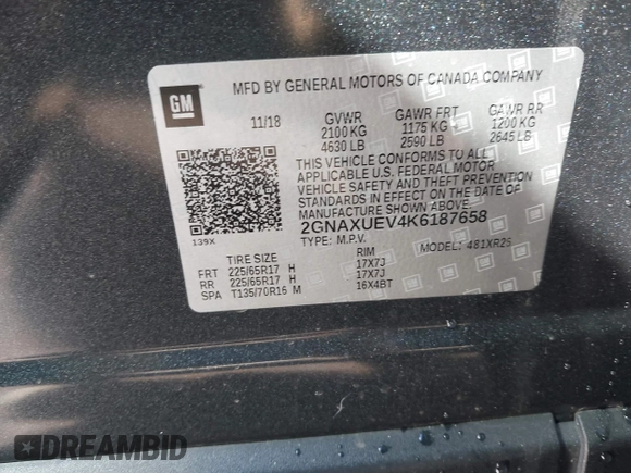 2019 Chevrolet Equinox LT with VIN 2GNAXUEV4K6187658, listed as a IAAI auction lot 41552383 with 107,543 mi miles and . Bid and sale history available at DreamBid. Image 9.