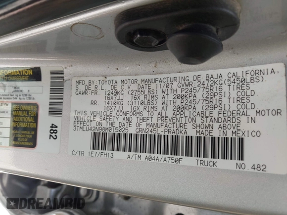 2008 Toyota Tacoma with VIN 3TMLU42N98M015025, listed as a IAAI auction lot 42180327 with 141,017 mi miles and . Bid and sale history available at DreamBid. Image 9.
