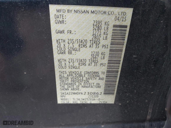 2015 Nissan Murano Platinum with VIN 5N1AZ2MH0FN230862, listed as a IAAI auction lot 41960661 with 136,724 mi miles. Bid and sale history available at carsss.com. Image 9.
