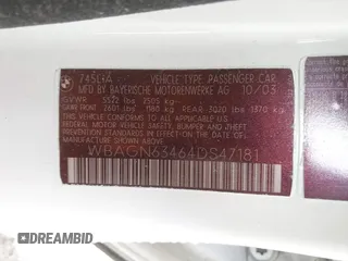2004 BMW 7 Series 745Li с VIN WBAGN63464DS47181, выставлен на аукционе IAAI как лот 42236487 с пробегом 143 707 миль миль и . История ставок и продаж доступна на DreamBid. Изображение 9.