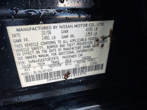 2007 Nissan Maxima SE with VIN 1N4BA41E67C831976, listed as a IAAI auction lot 42729601 with 200,002 mi miles and . Bid and sale history available at DreamBid. Image 9.