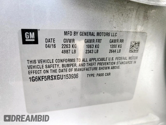 2016 Cadillac CT6 Premium Luxury AWD with VIN 1G6KF5RSXGU153936, listed as a Copart auction lot 63486555 with 95,357 mi miles and Salvage title. Bid and sale history available at DreamBid. Image 12.