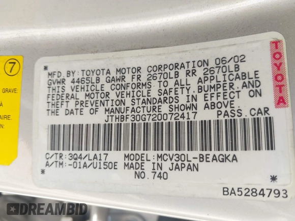 2002 Lexus ES 300 с VIN JTHBF30G720072417, выставлен на аукционе IAAI как лот 42734044 с пробегом 217 169 миль миль и . История ставок и продаж доступна на DreamBid. Изображение 9.