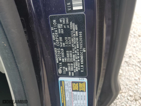 2019 Kia Sedona EX with VIN KNDMB5C17K6526946, listed as a Copart auction lot 83517664 with 0 mi miles and Salvage Title. Bid and sale history available at carsss.com. Image 13.