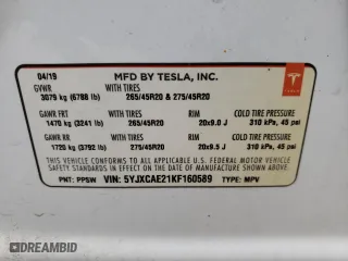 2019 Tesla Model X 75D with VIN 5YJXCAE21KF160589, listed as a Copart auction lot 54390202 with 30,860 mi miles. Bid and sale history available at carsss.com. Image 10.