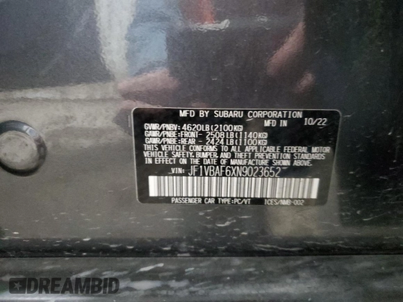 2022 Subaru WRX Premium with VIN JF1VBAF6XN9023652, listed as a Copart auction lot 75480643 with 40,264 mi miles and Salvage Title. Bid and sale history available at DreamBid. Image 12.