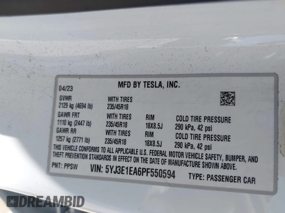 2023 Tesla Model 3 с VIN 5YJ3E1EA6PF550594, выставлен на аукционе IAAI как лот 42311279 с пробегом 37 953 миль миль и . История ставок и продаж доступна на DreamBid. Изображение 9.
