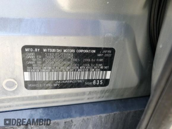 2022 Mitsubishi Outlander SE with VIN JA4J4UA89NZ078827, listed as a Copart auction lot 57402015 with 67,401 mi miles and Salvage title. Bid and sale history available at DreamBid. Image 13.
