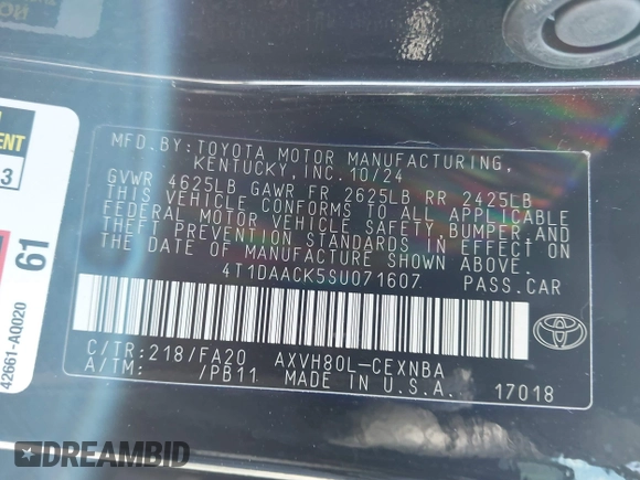 2025 Toyota Camry LE z VIN 4T1DAACK5SU071607, wystawiony jako IAAI lot #42377715 z przebiegiem Nie podano mil oraz . Historia ofert i sprzedaży dostępna na DreamBid. Obrazek 9.