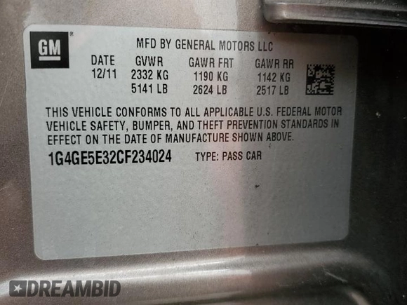2012 Buick LaCrosse Premium 1 with VIN 1G4GE5E32CF234024, listed as a Copart auction lot 46026985 with Not provided miles and Non repairable. Bid and sale history available at DreamBid. Image 12.