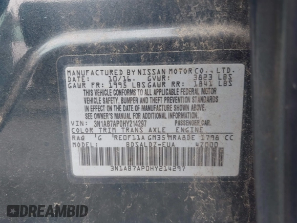 2017 Nissan Sentra S with VIN 3N1AB7AP0HY214297, listed as a IAAI auction lot 42656720 with 106,357 mi miles and . Bid and sale history available at DreamBid. Image 9.