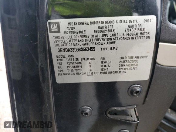2008 Chevrolet HHR LT with VIN 3GNDA23D98S563455, listed as a Copart auction lot 44454755 with 240,349 mi miles and Non Repairable. Bid and sale history available at DreamBid. Image 12.