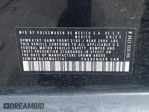 2023 Volkswagen Jetta SE with VIN 3VW7M7BU3PM037141, listed as a IAAI auction lot 42446046 with 21,149 mi miles and . Bid and sale history available at DreamBid. Image 9.