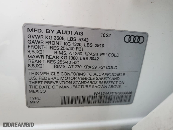 2023 Audi SQ5 Sportback Premium Plus with VIN WA124AFY1P2038636, listed as a Copart auction lot 43578025 with NaN miles and Salvage Title. Bid and sale history available at carsss.com. Image 14.