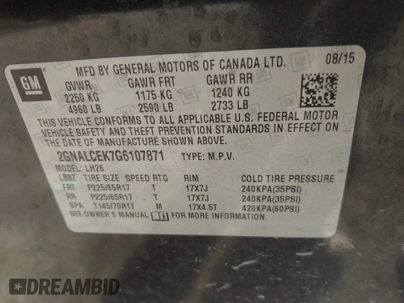 2016 Chevrolet Equinox LT with VIN 2GNALCEK7G6107871, listed as a IAAI auction lot 41646004 with 229,212 mi miles. Bid and sale history available at carsss.com. Image 9.