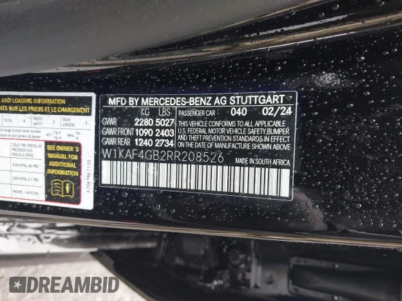 2024 Mercedes-Benz C 300 with VIN W1KAF4GB2RR208526, listed as a IAAI auction lot 41544425 with 3,254 mi miles and . Bid and sale history available at DreamBid. Image 9.