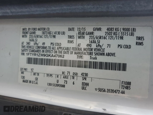 2016 Ford Transit Cargo with VIN 1FTYR1ZM9GKA47062, listed as a Copart auction lot 70373274 with 170,433 mi miles and Clean Title. Bid and sale history available at DreamBid. Image 13.