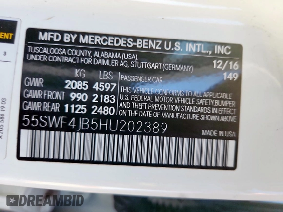 2017 Mercedes-Benz C 300 with VIN 55SWF4JB5HU202389, listed as a Copart auction lot 62884515 with 135,848 mi miles and Clean title. Bid and sale history available at DreamBid. Image 12.