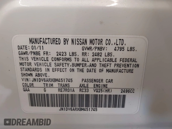2011 Infiniti G25 x z VIN JN1DV6ARXBM451745, wystawiony jako IAAI lot #42087103 z przebiegiem 154 079 mil mil oraz . Historia ofert i sprzedaży dostępna na DreamBid. Obrazek 9.
