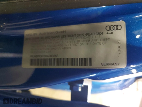 2019 Audi RS 3 z VIN WUABWGFF6KA903863, wystawiony jako Copart lot #47354075 z przebiegiem 66 136 mil mil oraz Szkoda całkowita • Salvage title. Historia ofert i sprzedaży dostępna na DreamBid. Obrazek 12.