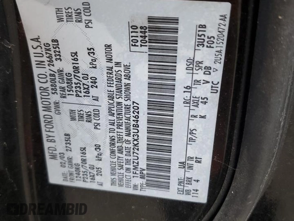 2003 Ford Explorer XLS с VIN 1FMZU72KX3UB46207, выставлен на аукционе Copart как лот 83757654 с пробегом 27 297 миль миль и На запчасти • Non repairable. История ставок и продаж доступна на DreamBid. Изображение 13.