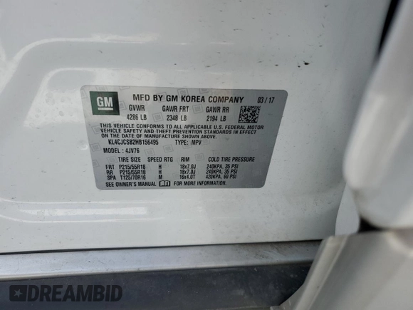 2017 Buick Encore Essence with VIN KL4CJCSB2HB156495, listed as a Copart auction lot 54327835 with 48,282 mi miles and Salvage Title. Bid and sale history available at carsss.com. Image 13.