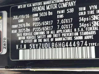 2017 Hyundai Santa Fe 2.4L with VIN 5XYZUDLB6HG444974, listed as a IAAI auction lot 42624735 with 59,075 mi miles and . Bid and sale history available at DreamBid. Image 9.