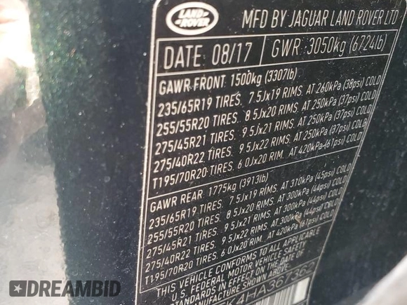 2017 Land Rover Range Rover with VIN SALGR2FK4HA367362, listed as a Copart auction lot 63200615 with 54,686 mi miles and Salvage title. Bid and sale history available at DreamBid. Image 13.
