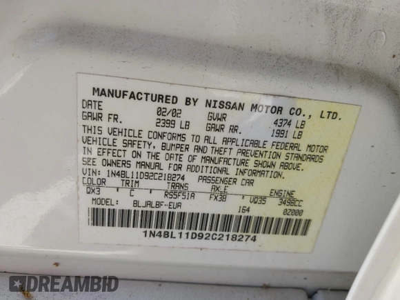 2002 Nissan Altima SE with VIN 1N4BL11D92C218274, listed as a IAAI auction lot 41788444 with 196,432 mi miles. Bid and sale history available at carsss.com. Image 9.