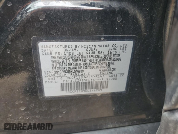 2019 Nissan Kicks S with VIN 3N1CP5CU9KL546289, listed as a Copart auction lot 49649395 with 103,533 mi miles and Salvage Title. Bid and sale history available at carsss.com. Image 13.